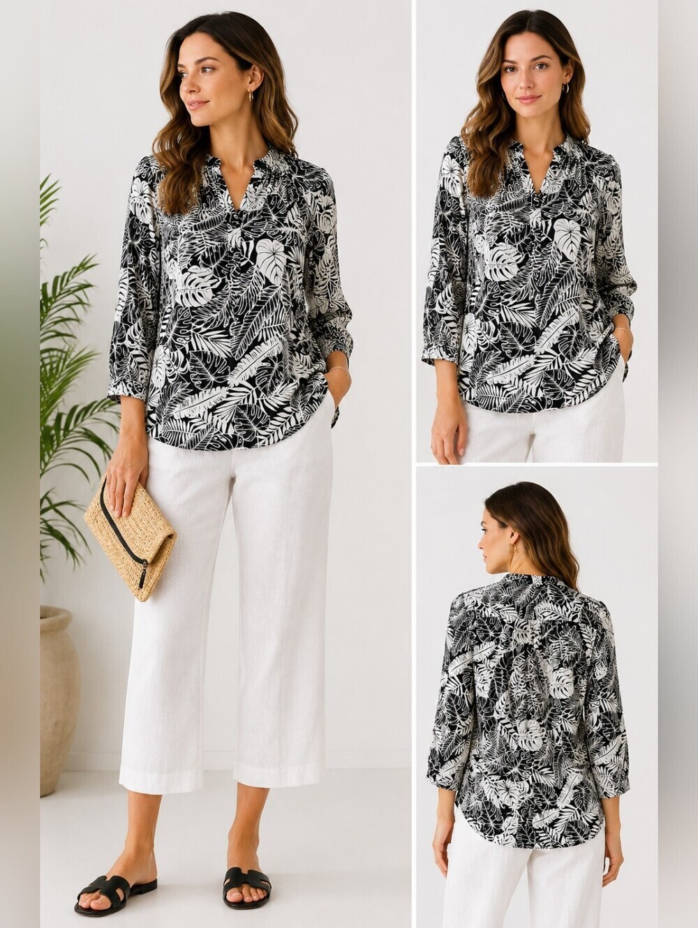 Calvin Klein Leaf Print Linen Blend Blouse Top Black White 1X Long Sleeve